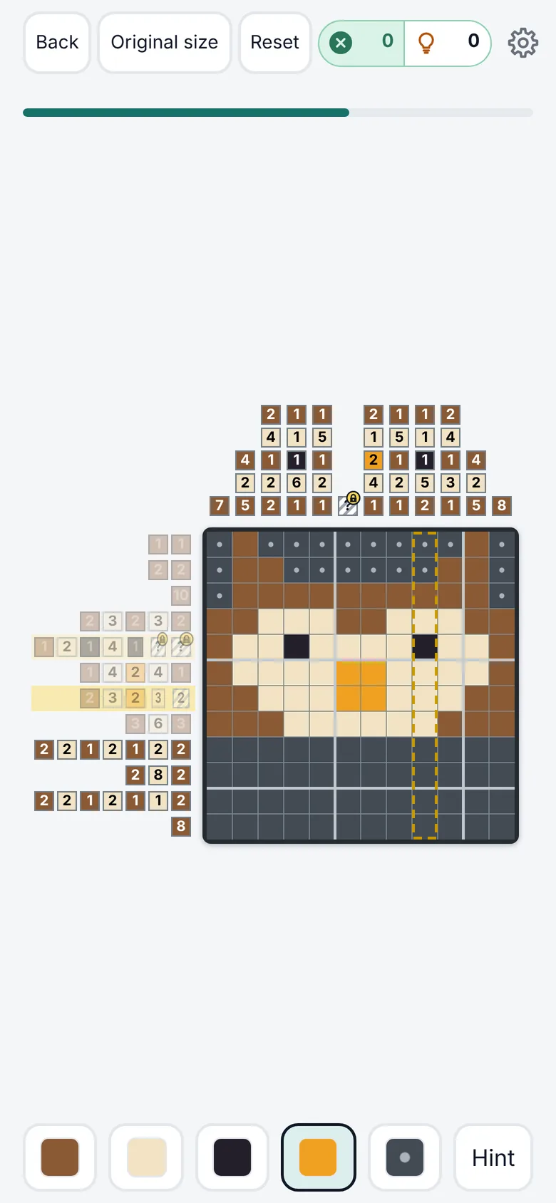 A 12 by 12 owl puzzle half solved, with colour clues on its rows and columns.